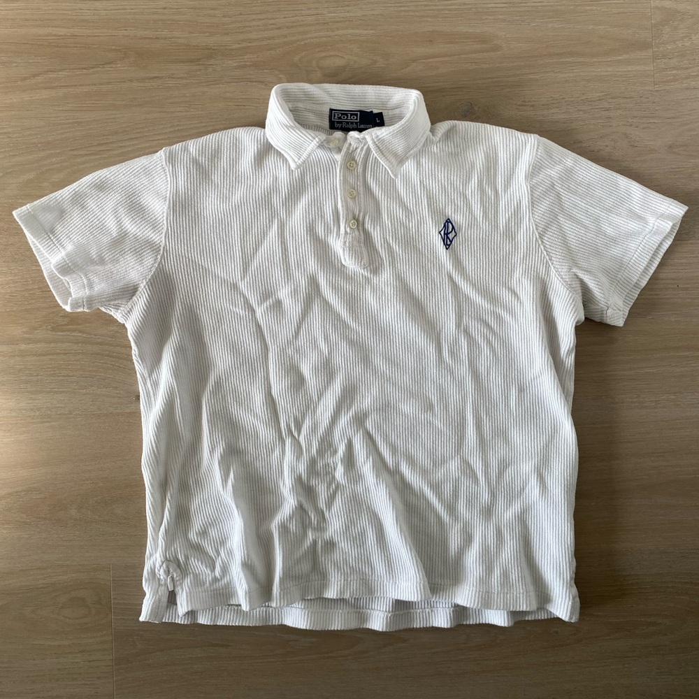 Mens Ralph Lauren Vintage White Polo Shirt with Blue Logo Size M
